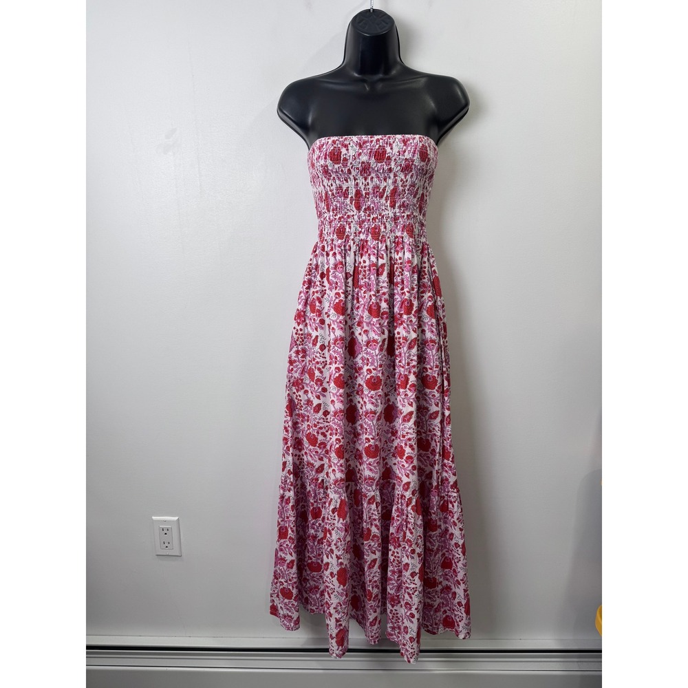 SZ Blockprints Women Mira Pink Floral Strapless Smocked Maxi Dress Large